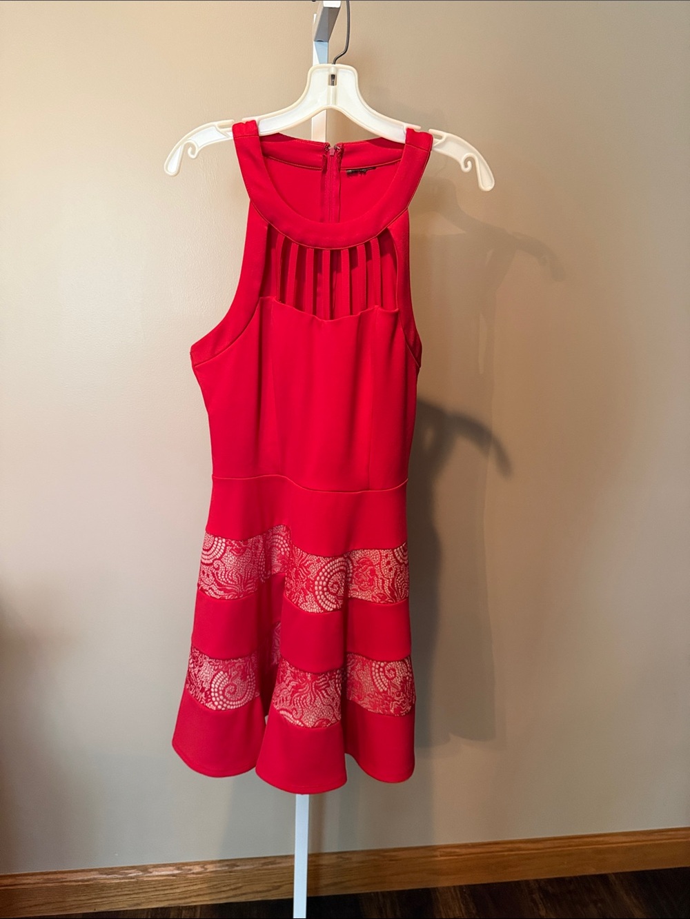Red Sleeveless Lace-Panel Fit & Flare Dress with cut out at neck line